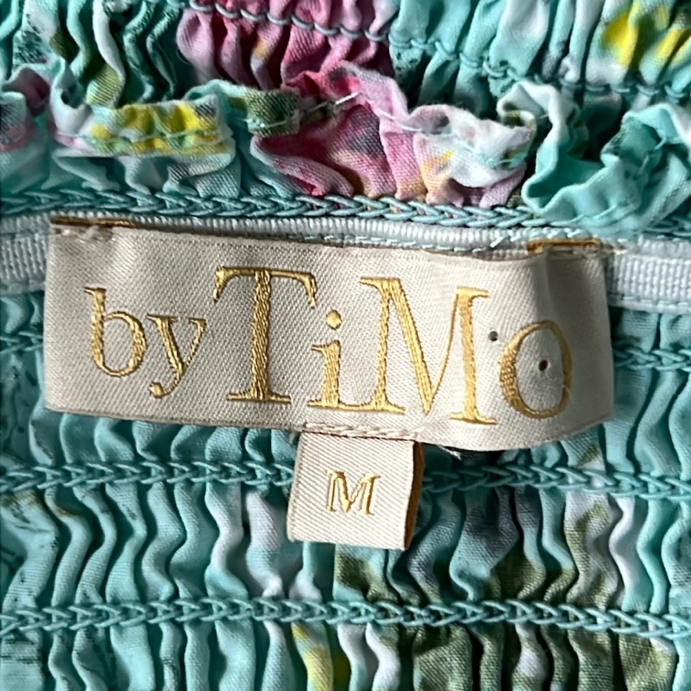 BYTIMO Dropped Waist Camelia Shirred Floral-print Cotton Mini Dress Turquoise M - Picture 8 of 12